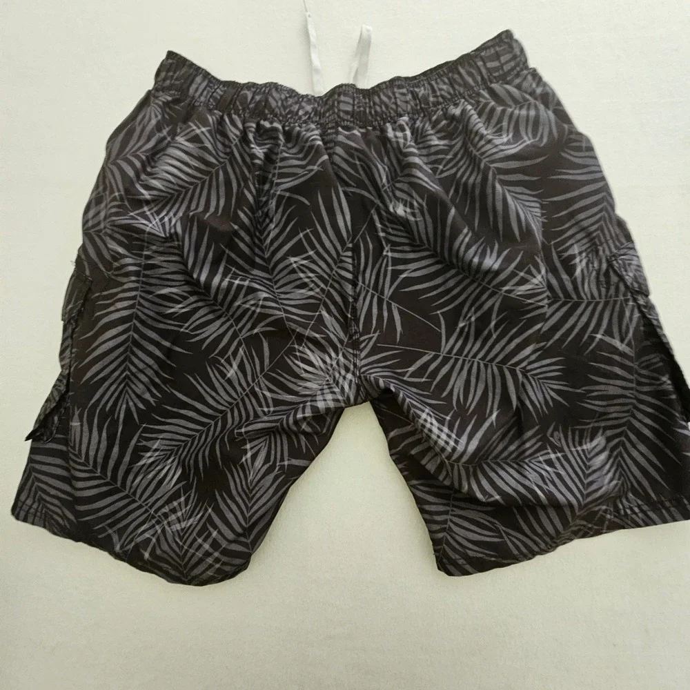 Kanu Surf Mens 3X‎ Swim Trunks Black Grey Palm Leaf Cargo Board Shorts Mesh